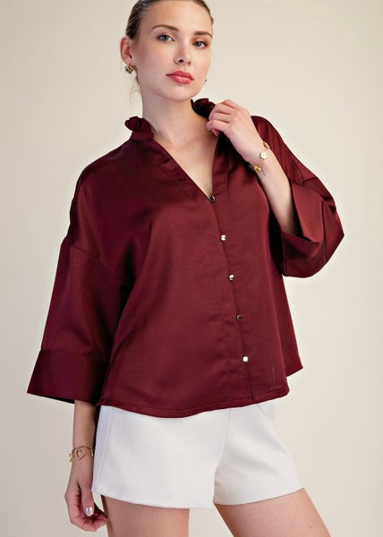 Makes Sense Burgundy Gold Button Up Blouse