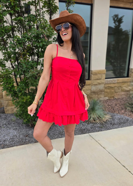 No Secret Red Poplin Pleated Mini Dress