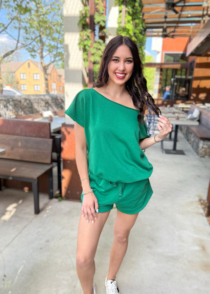 As You Are Kelly Green French Terry Off Shoulder Top - Large