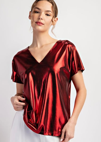 Ring In The Season Red Metallic V Neck Top