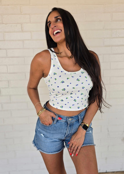 Ditsy Blueberry White Tank Top