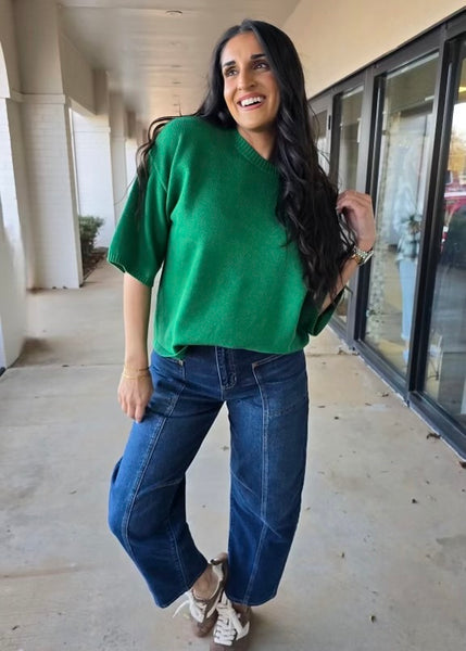 Knocking At My Door Short Sleeve Oversized Green Sweater