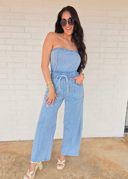 No Exposure Blue Strapless Jumpsuit