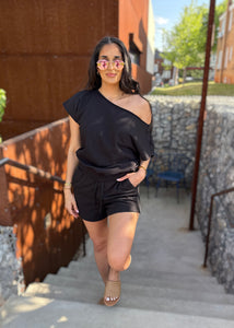 As You Are Black French Terry Off Shoulder Top - Large