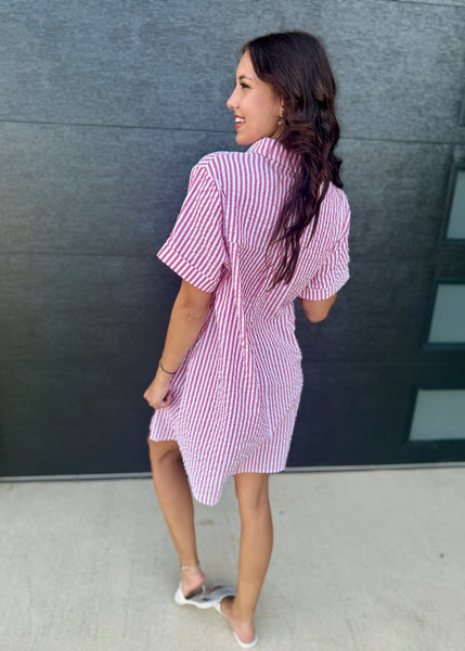 Casual Classic Red/White Striped Seersucker Shirt Dress