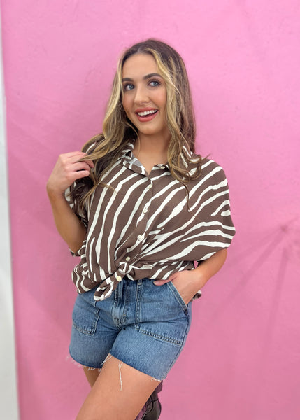 Walk This Way Oversized Animal Print Button Down Top