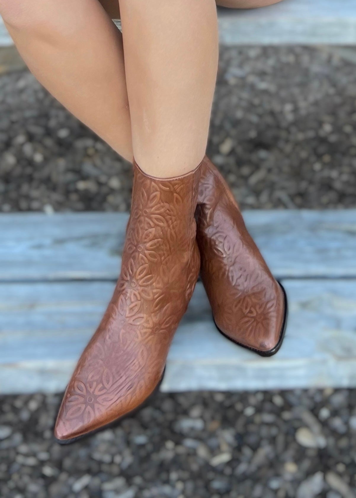 Matisse Caty Cognac Floral Embossed Leather Bootie