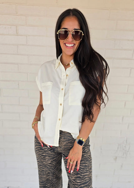 Makes Sense Off White Collared Button Up Top