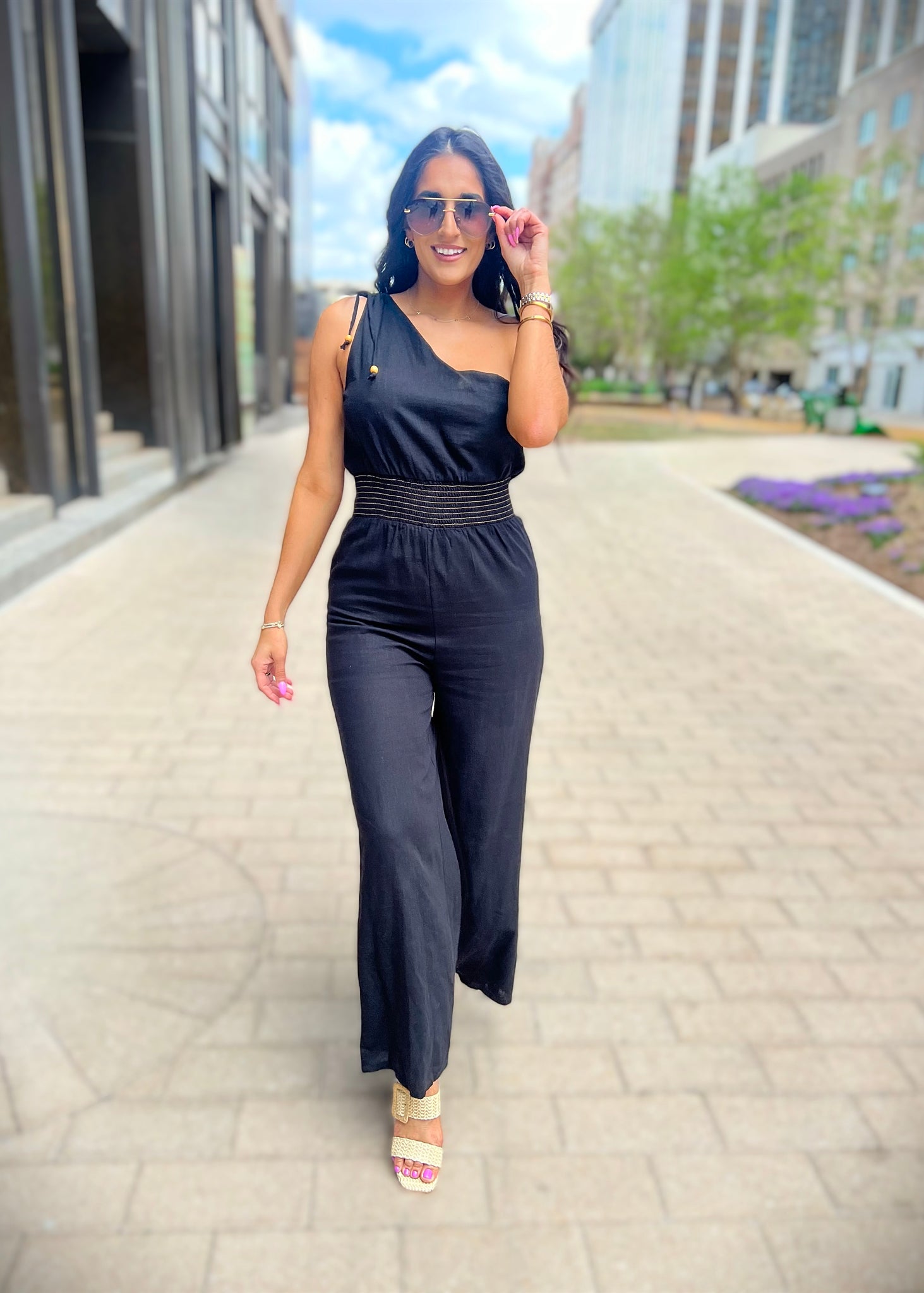 Sidewalk Stroll Black One Shoulder Jumpsuit