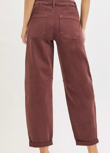 Adeline High Rise Brown Ankle Cuffed Barrel Pants