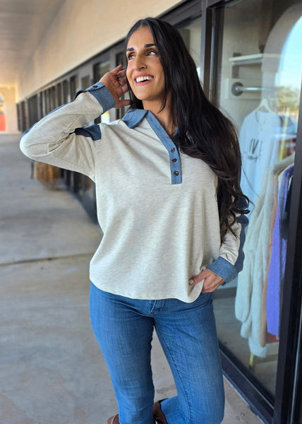 On The Go Denim Color Block Sweatshirt Top