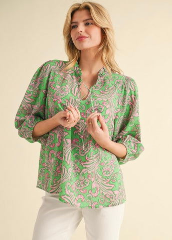 Social Setting Green & Pink Paisley Print Top