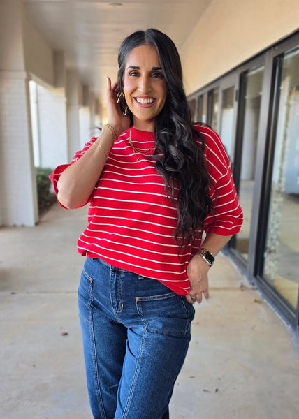 Saturday Stripes Red/ White Striped Short Sleeve Sweater