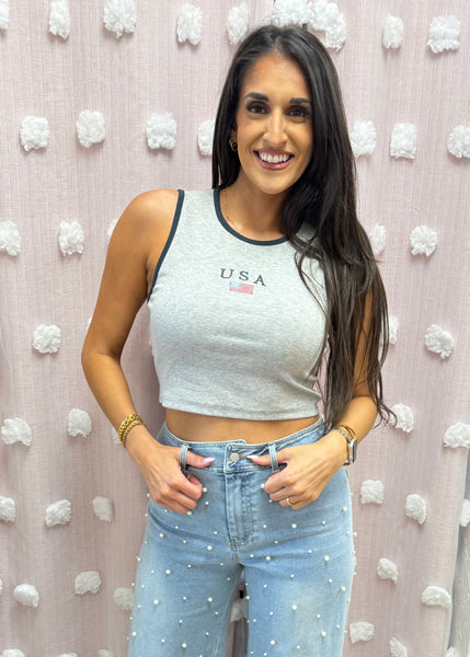 "USA" Flag Grey Ribbed Crop Tank