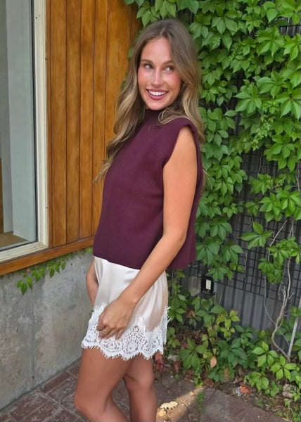 True Believer Deep Purple Sleeveless Top With Polka Dot Tie