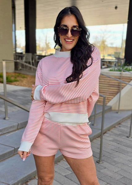 Traveling Abroad Pink & White Striped 2 Pc Short Set