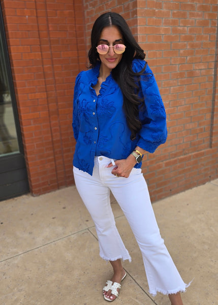 Beauty Mark Blue Patterned Button Up Top