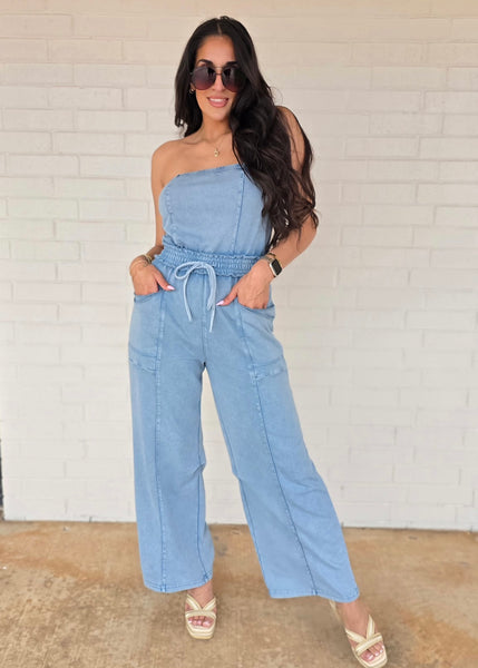 No Exposure Blue Strapless Jumpsuit