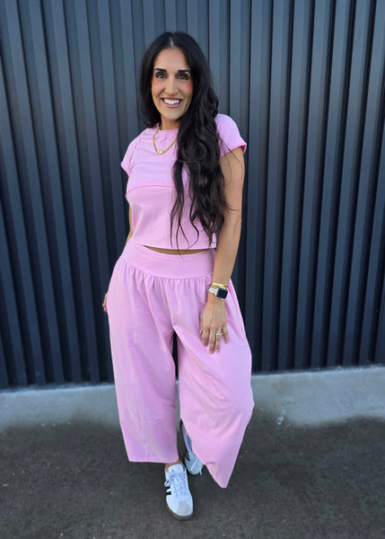 Sweet Pink Solid Cropped Capped Sleeve Top
