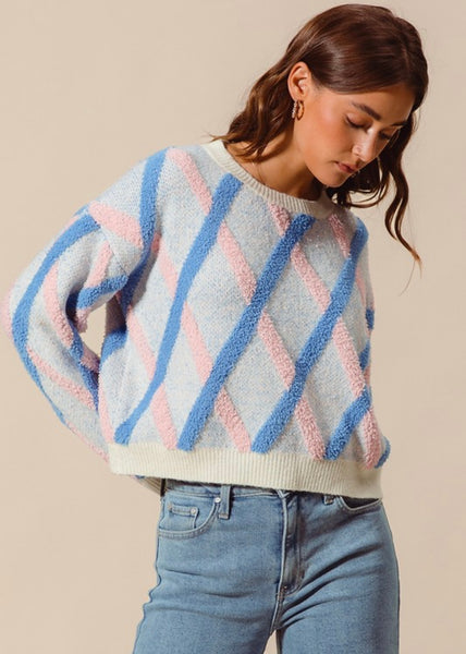 Beyond Me Blue Fluffy Diagonal Striped Sweater Top