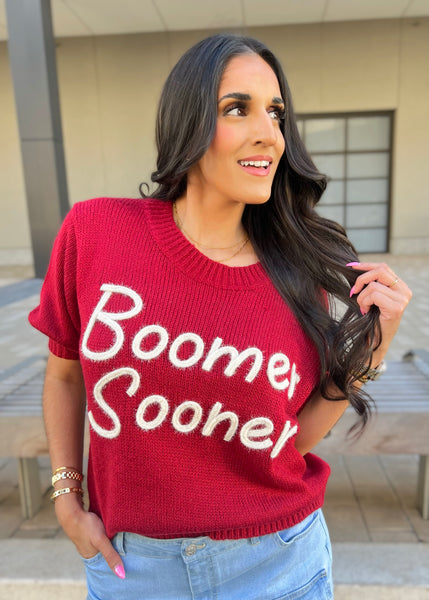 "Boomer Sooner" CRIMSON Stadium Sweater Top with White Lettering