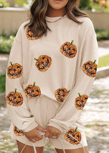 Halloween Sequin Pumpkin Corded Two Piece Shorts Set