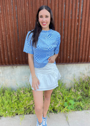 A Little Snazzy Blue Velvet Checkered Mock Neck Top