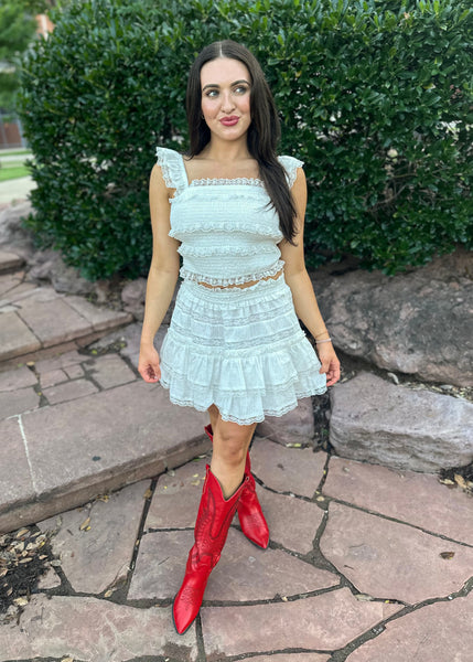 Sunset Serenade White Lace Trim Top & Mini Skirt 2 Pc Set
