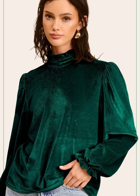 Under The Mistletoe Green Velvet Puff Sleeve Top