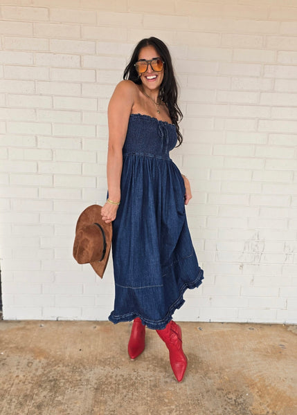 Love Language Denim Strapless Midi Dress