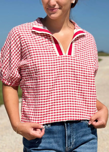 It's A Gem Red Plaid Short Sleeve Blouse