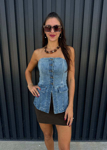 Hidden Request Denim Strapless Button Up Top