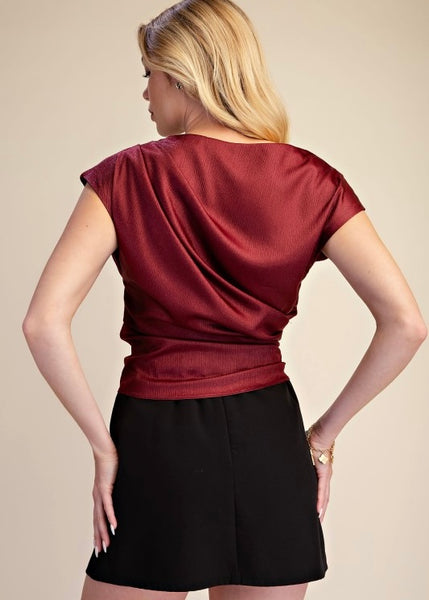 Positive Attitude Burgundy Asymmetrical Tie Waist Blouse