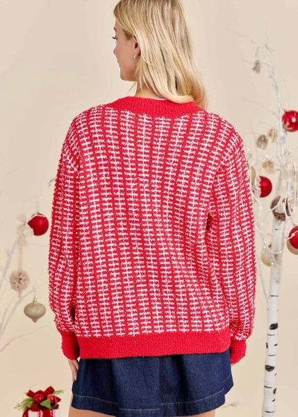 Make A Plan Red & White Fuzzy Cardigan