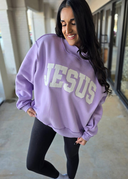 "Jesus" Lavender Oversized Graphic Mock Neck Sweatshirt