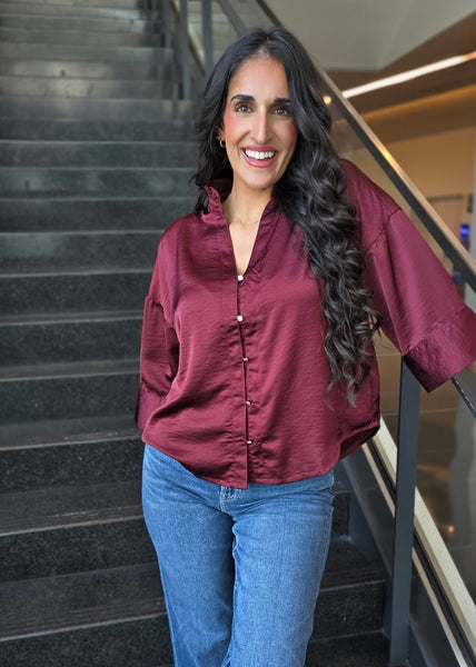 Makes Sense Burgundy Gold Button Up Blouse