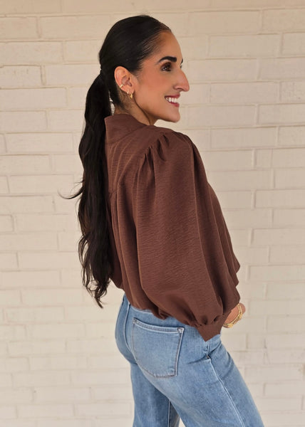 Off To New Places Brown Bubble Hem Top