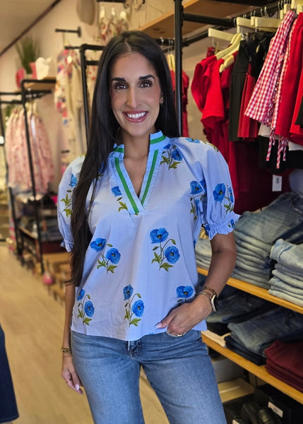 No Explanation Blue Floral Blouse