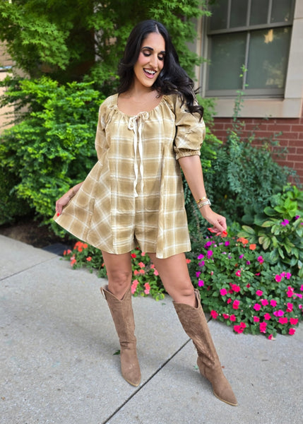 All In Season Camel Plaid Romper