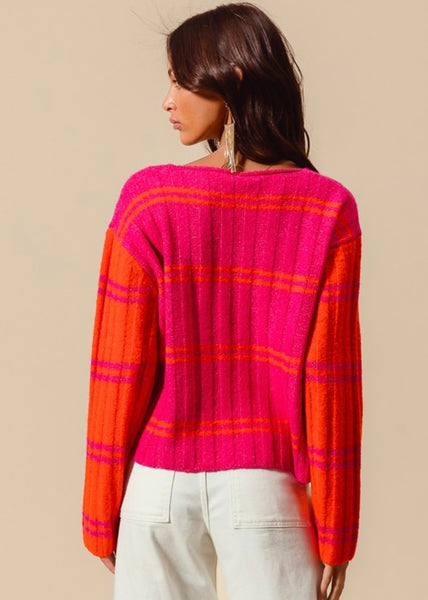 A Cozy Place Fuchsia/Orange Striped Sweater