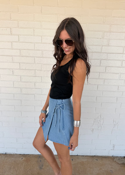 No Pretending Washed Denim Wrap Mini Skort