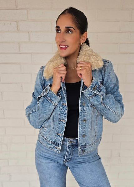 Think Faux Fur Collar Denim Jacket