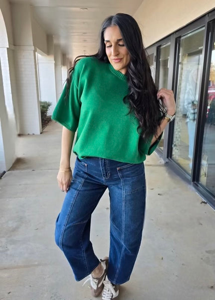 Knocking At My Door Short Sleeve Oversized Green Sweater