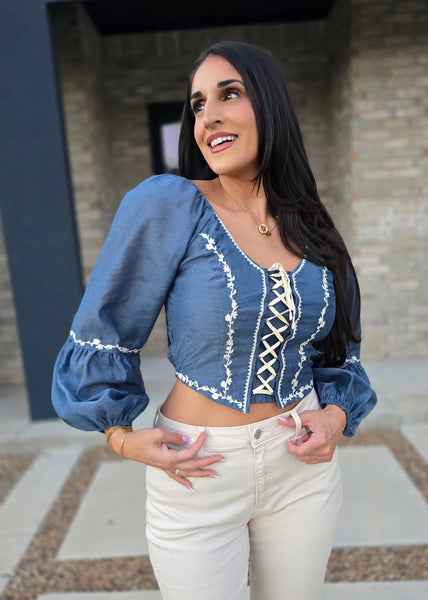 Blow My Mind Denim Lace Up Top