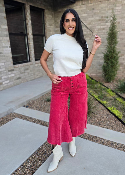 Seasonal Red Corduroy Fray Hem Pants