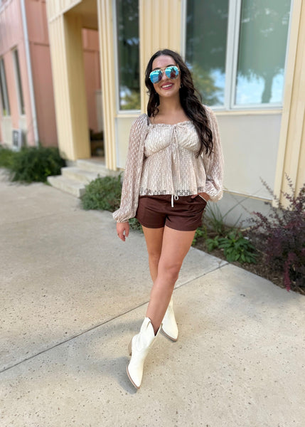 All About Pleated Lace Taupe Peplum Top