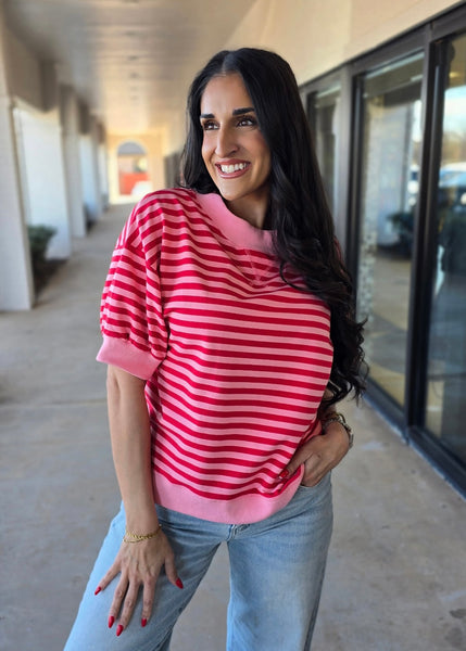 To Be Happy Pink/Red Striped Short Sleeve Top