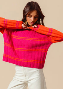 A Cozy Place Fuchsia/Orange Striped Sweater