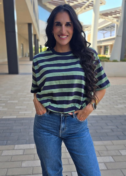 Walk This Way Navy/Olive Cropped Bubble Tee