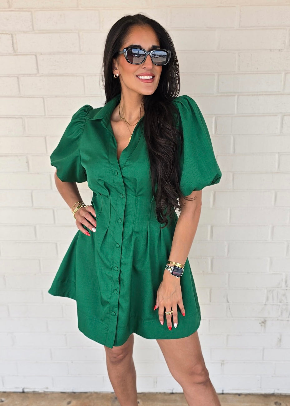 green button up mini dress Green Button Up Structured Mini Dress